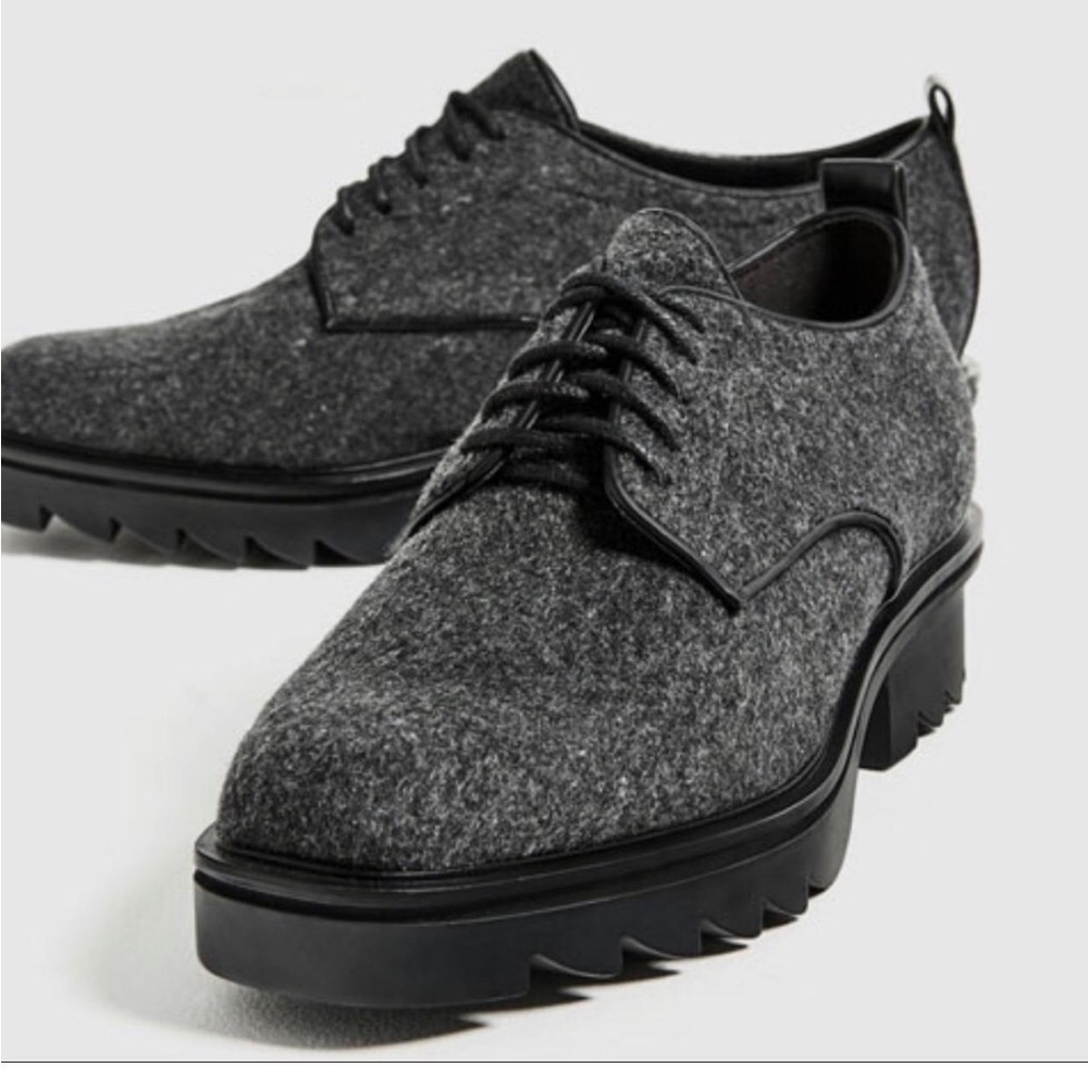Zara Blucher Gray Felt/Wool Lace Up Oxfords -US Size 6.5 NWOT Punk/Wednesday/Y2K